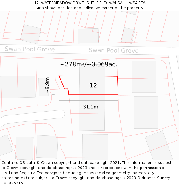 12, WATERMEADOW DRIVE, SHELFIELD, WALSALL, WS4 1TA: Plot and title map