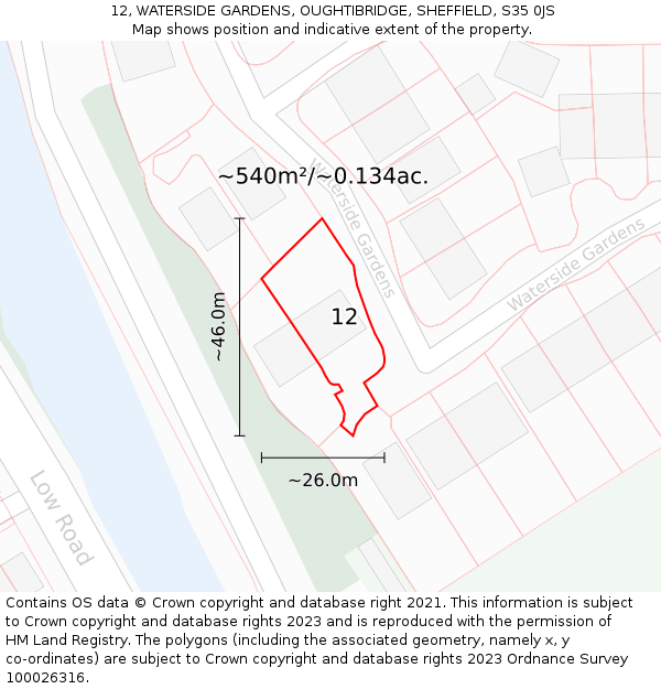 12, WATERSIDE GARDENS, OUGHTIBRIDGE, SHEFFIELD, S35 0JS: Plot and title map