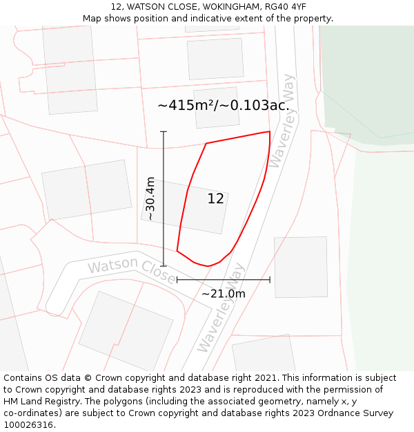 12, WATSON CLOSE, WOKINGHAM, RG40 4YF: Plot and title map