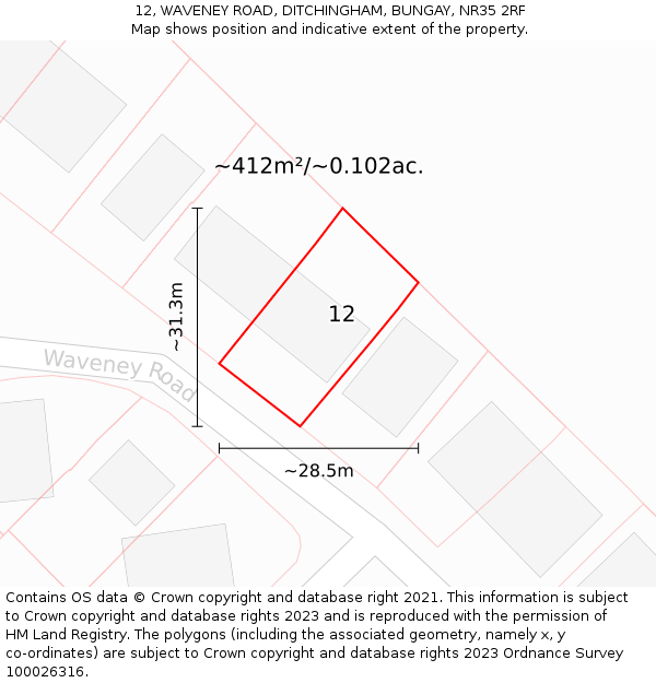 12, WAVENEY ROAD, DITCHINGHAM, BUNGAY, NR35 2RF: Plot and title map