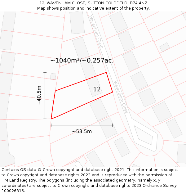 12, WAVENHAM CLOSE, SUTTON COLDFIELD, B74 4NZ: Plot and title map