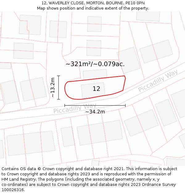 12, WAVERLEY CLOSE, MORTON, BOURNE, PE10 0PN: Plot and title map