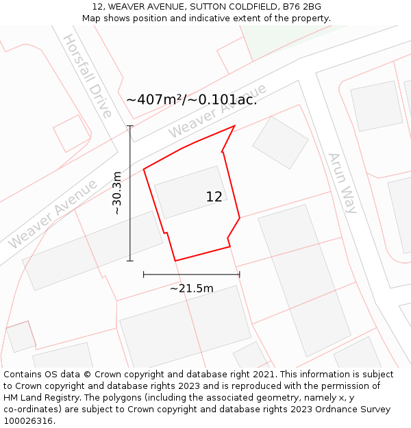 12, WEAVER AVENUE, SUTTON COLDFIELD, B76 2BG: Plot and title map