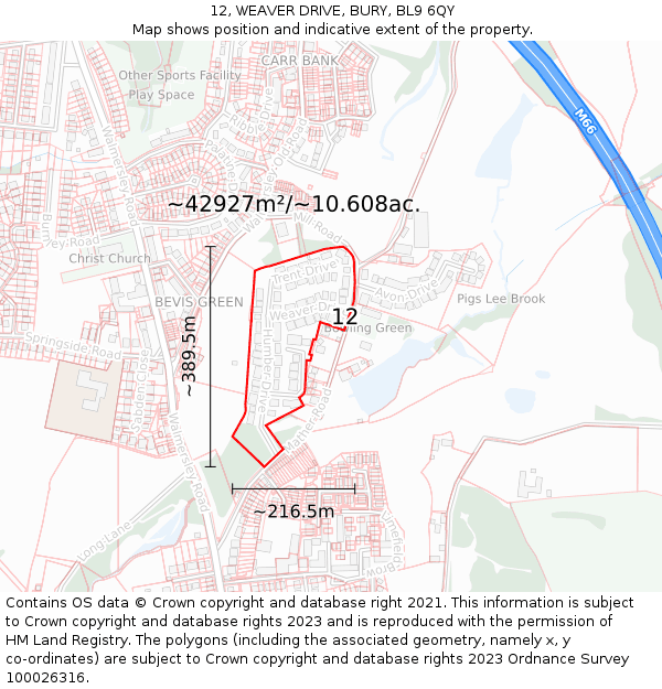 12, WEAVER DRIVE, BURY, BL9 6QY: Plot and title map