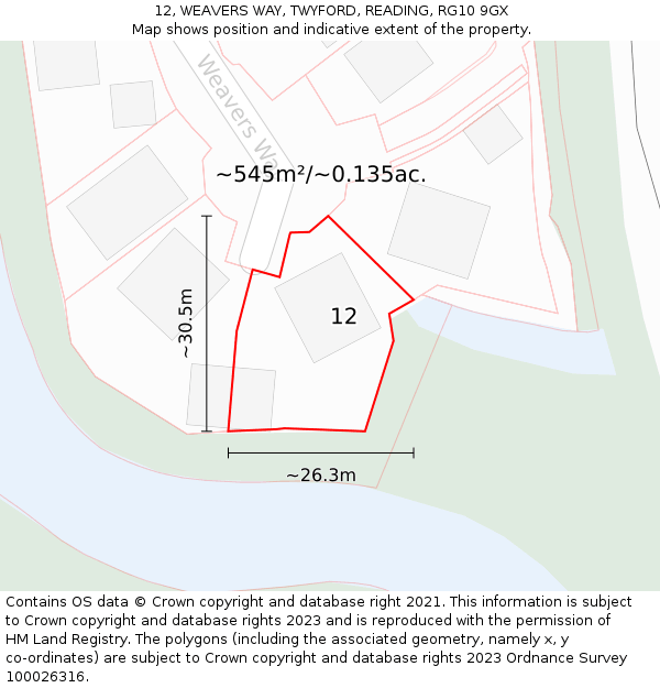 12, WEAVERS WAY, TWYFORD, READING, RG10 9GX: Plot and title map