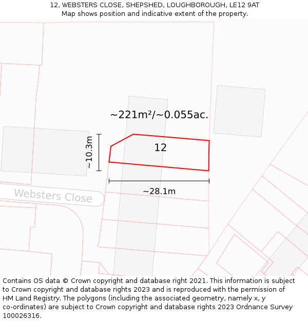 12, WEBSTERS CLOSE, SHEPSHED, LOUGHBOROUGH, LE12 9AT: Plot and title map