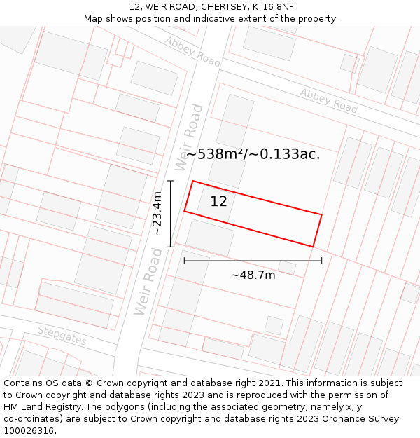 12, WEIR ROAD, CHERTSEY, KT16 8NF: Plot and title map