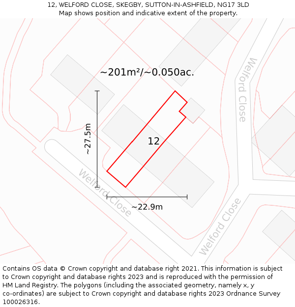 12, WELFORD CLOSE, SKEGBY, SUTTON-IN-ASHFIELD, NG17 3LD: Plot and title map