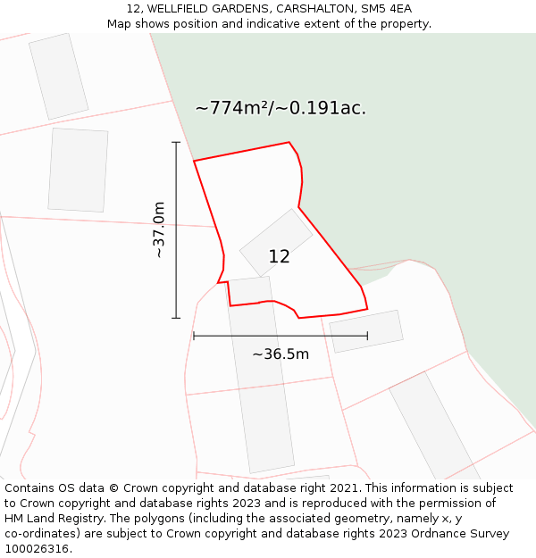 12, WELLFIELD GARDENS, CARSHALTON, SM5 4EA: Plot and title map
