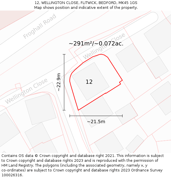 12, WELLINGTON CLOSE, FLITWICK, BEDFORD, MK45 1GS: Plot and title map