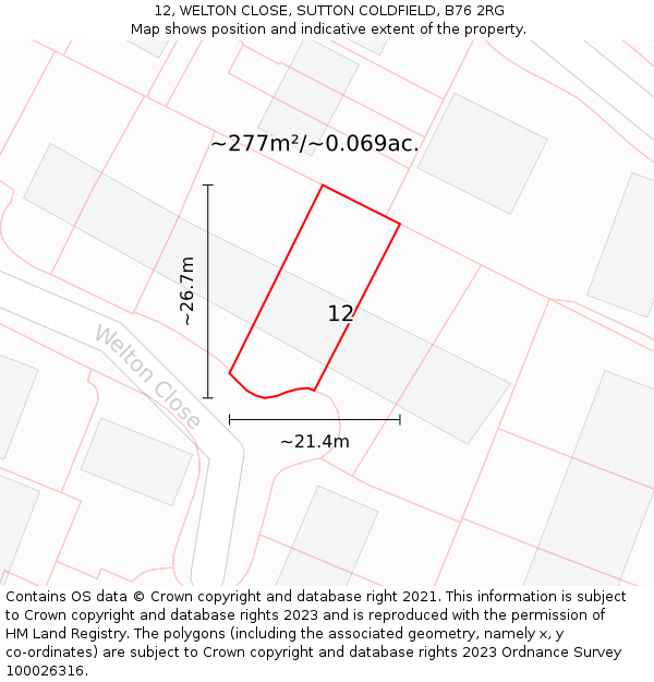 12, WELTON CLOSE, SUTTON COLDFIELD, B76 2RG: Plot and title map
