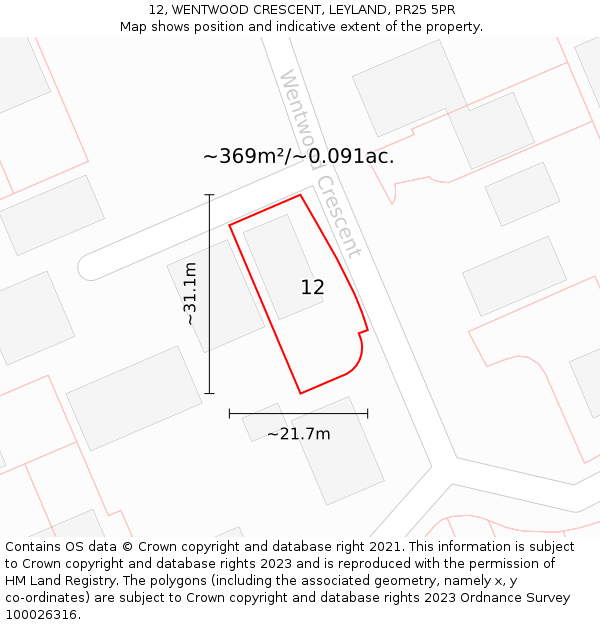 12, WENTWOOD CRESCENT, LEYLAND, PR25 5PR: Plot and title map