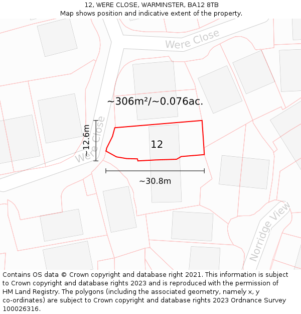 12, WERE CLOSE, WARMINSTER, BA12 8TB: Plot and title map
