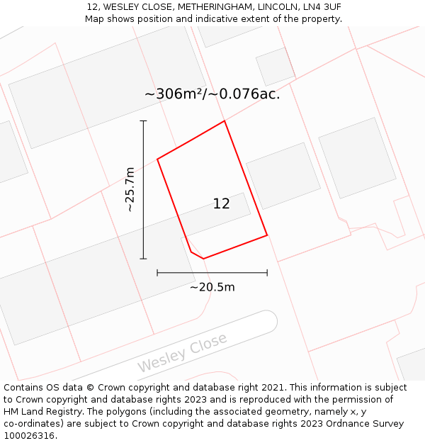 12, WESLEY CLOSE, METHERINGHAM, LINCOLN, LN4 3UF: Plot and title map