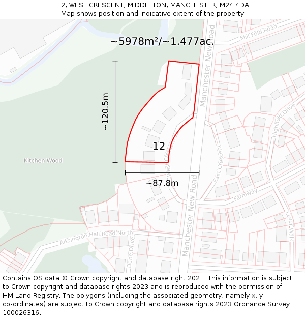 12, WEST CRESCENT, MIDDLETON, MANCHESTER, M24 4DA: Plot and title map