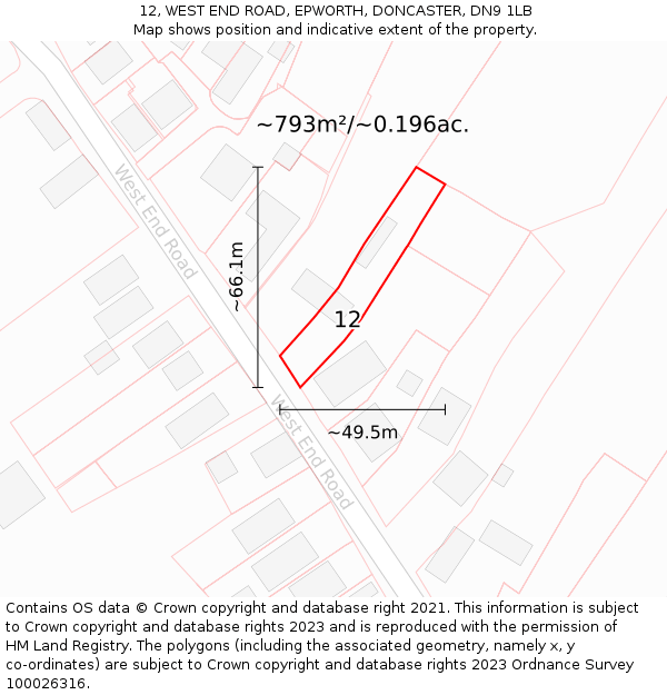 12, WEST END ROAD, EPWORTH, DONCASTER, DN9 1LB: Plot and title map