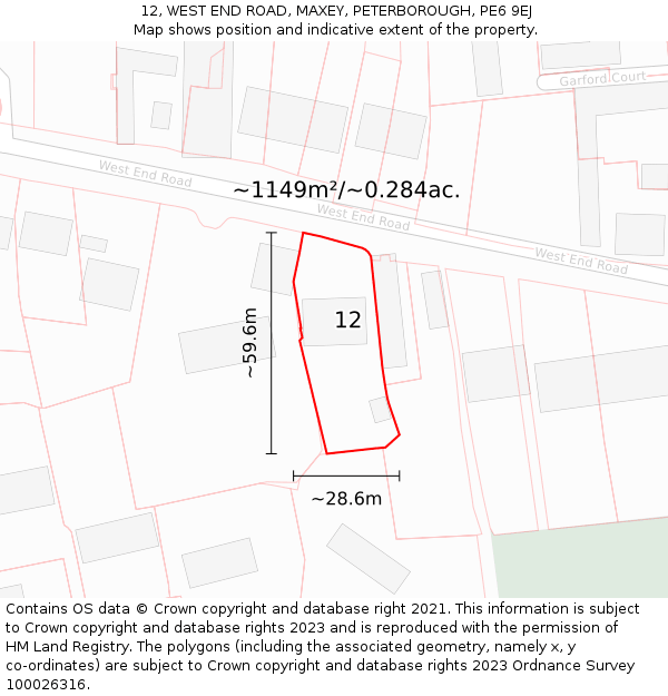 12, WEST END ROAD, MAXEY, PETERBOROUGH, PE6 9EJ: Plot and title map