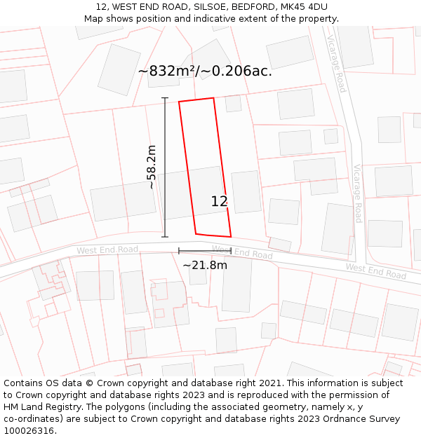 12, WEST END ROAD, SILSOE, BEDFORD, MK45 4DU: Plot and title map