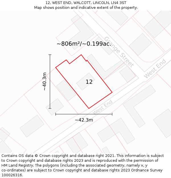12, WEST END, WALCOTT, LINCOLN, LN4 3ST: Plot and title map