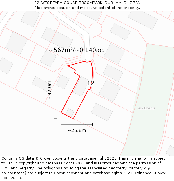 12, WEST FARM COURT, BROOMPARK, DURHAM, DH7 7RN: Plot and title map