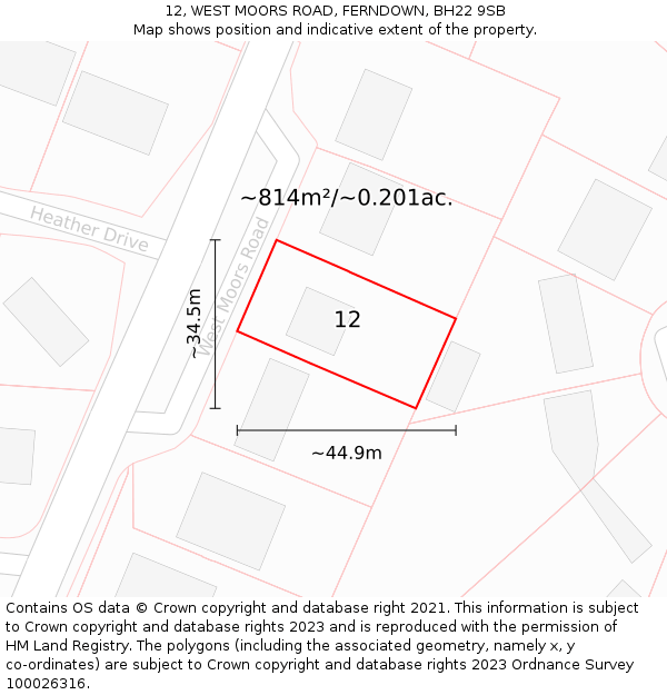 12, WEST MOORS ROAD, FERNDOWN, BH22 9SB: Plot and title map