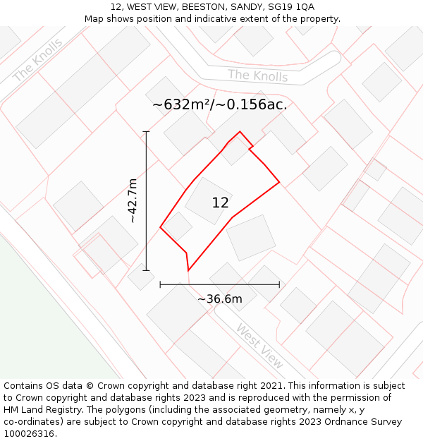12, WEST VIEW, BEESTON, SANDY, SG19 1QA: Plot and title map