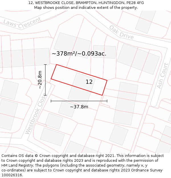 12, WESTBROOKE CLOSE, BRAMPTON, HUNTINGDON, PE28 4FG: Plot and title map
