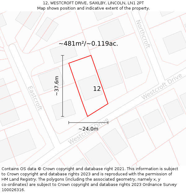 12, WESTCROFT DRIVE, SAXILBY, LINCOLN, LN1 2PT: Plot and title map