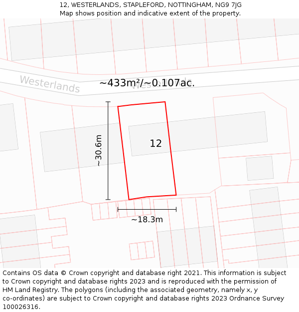 12, WESTERLANDS, STAPLEFORD, NOTTINGHAM, NG9 7JG: Plot and title map