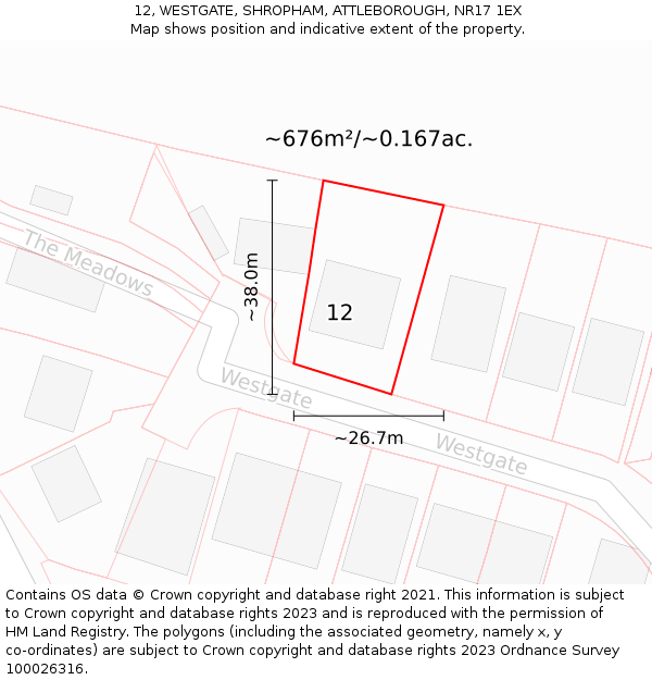 12, WESTGATE, SHROPHAM, ATTLEBOROUGH, NR17 1EX: Plot and title map