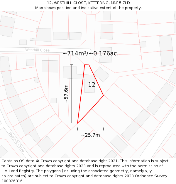 12, WESTHILL CLOSE, KETTERING, NN15 7LD: Plot and title map