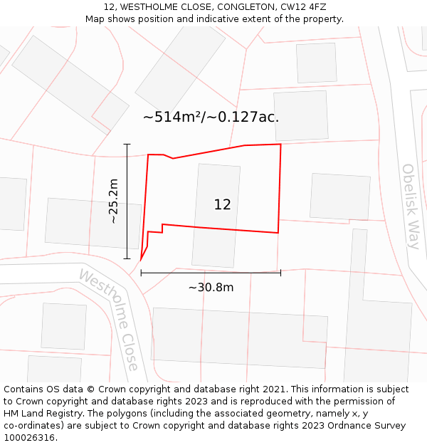 12, WESTHOLME CLOSE, CONGLETON, CW12 4FZ: Plot and title map