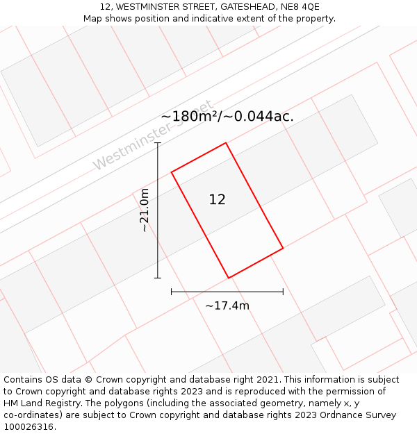 12, WESTMINSTER STREET, GATESHEAD, NE8 4QE: Plot and title map