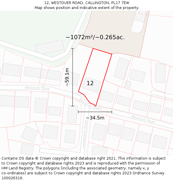 12, WESTOVER ROAD, CALLINGTON, PL17 7EW: Plot and title map