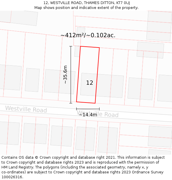 12, WESTVILLE ROAD, THAMES DITTON, KT7 0UJ: Plot and title map