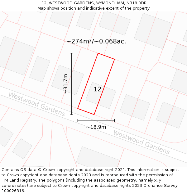 12, WESTWOOD GARDENS, WYMONDHAM, NR18 0DP: Plot and title map
