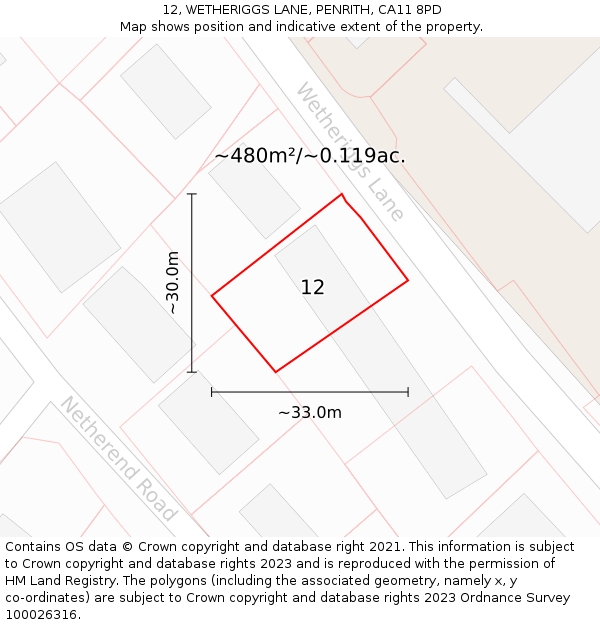12, WETHERIGGS LANE, PENRITH, CA11 8PD: Plot and title map