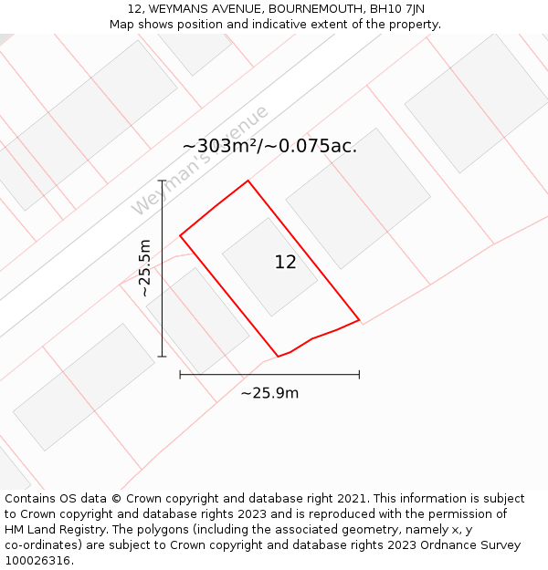 12, WEYMANS AVENUE, BOURNEMOUTH, BH10 7JN: Plot and title map