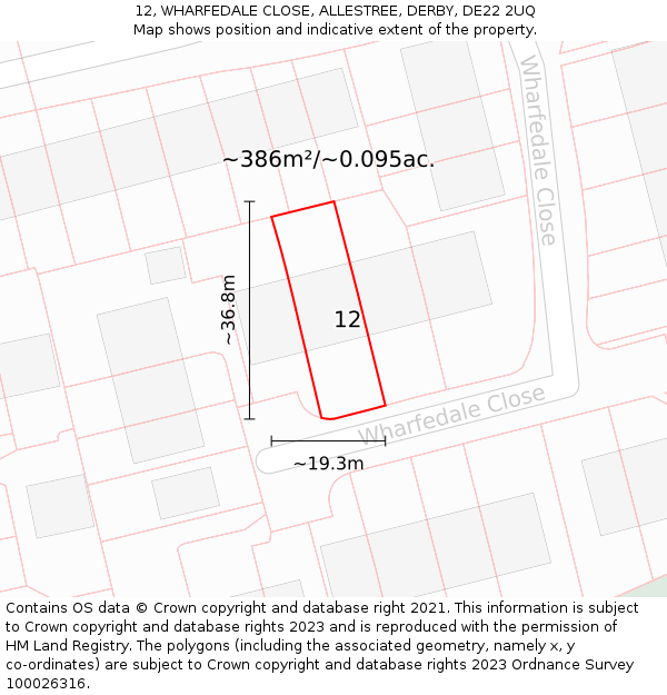 12, WHARFEDALE CLOSE, ALLESTREE, DERBY, DE22 2UQ: Plot and title map