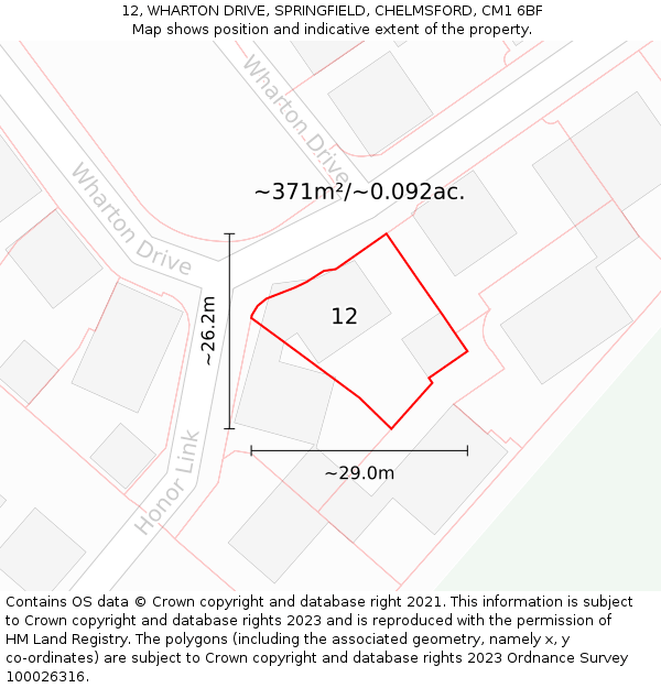 12, WHARTON DRIVE, SPRINGFIELD, CHELMSFORD, CM1 6BF: Plot and title map