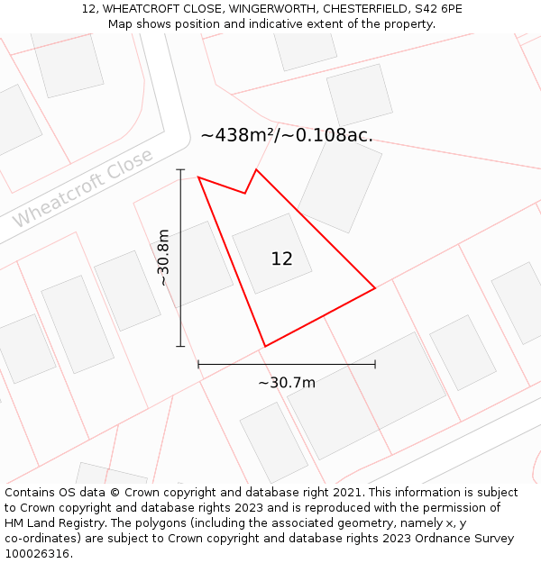 12, WHEATCROFT CLOSE, WINGERWORTH, CHESTERFIELD, S42 6PE: Plot and title map