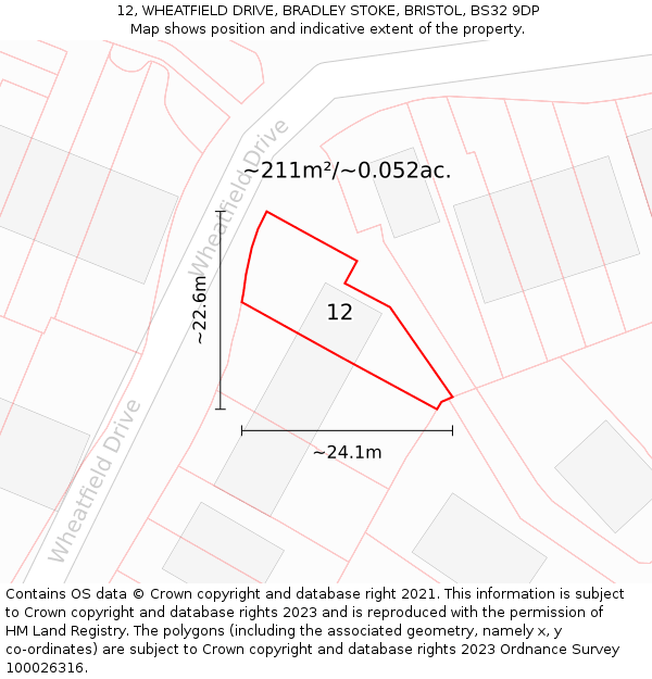 12, WHEATFIELD DRIVE, BRADLEY STOKE, BRISTOL, BS32 9DP: Plot and title map