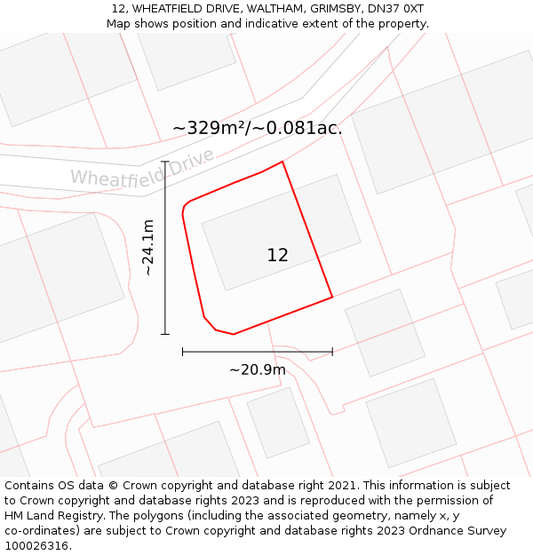 12, WHEATFIELD DRIVE, WALTHAM, GRIMSBY, DN37 0XT: Plot and title map
