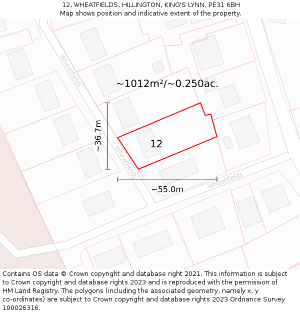 12, WHEATFIELDS, HILLINGTON, KING'S LYNN, PE31 6BH: Plot and title map