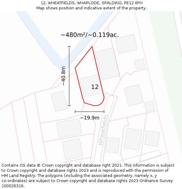 12, WHEATFIELDS, WHAPLODE, SPALDING, PE12 6FH: Plot and title map