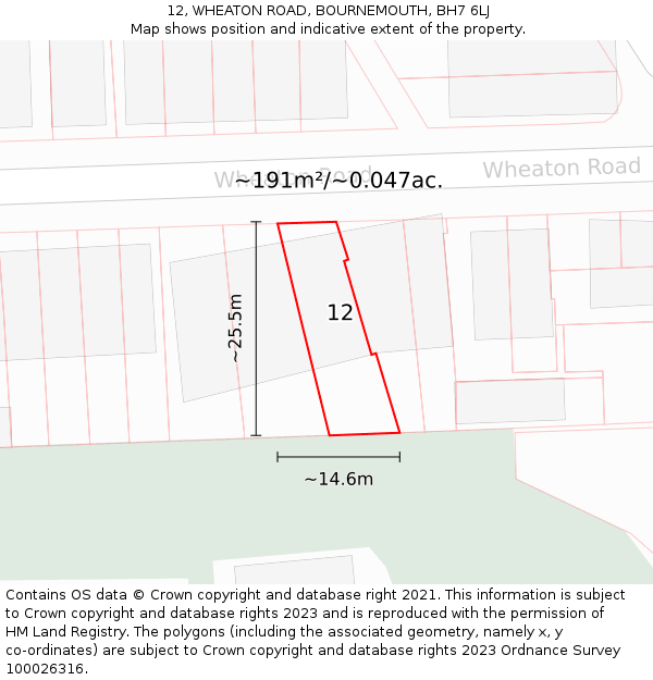 12, WHEATON ROAD, BOURNEMOUTH, BH7 6LJ: Plot and title map