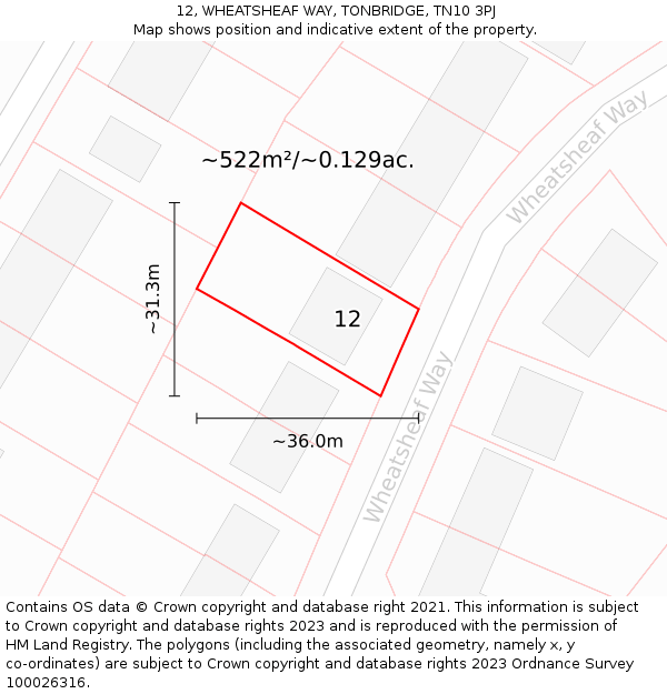 12, WHEATSHEAF WAY, TONBRIDGE, TN10 3PJ: Plot and title map