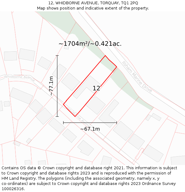 12, WHIDBORNE AVENUE, TORQUAY, TQ1 2PQ: Plot and title map
