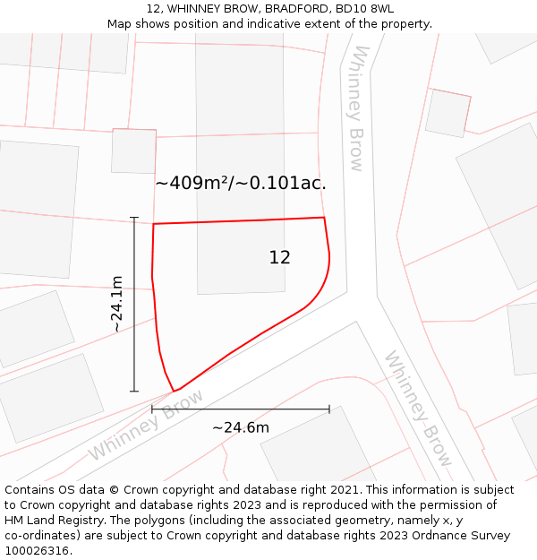 12, WHINNEY BROW, BRADFORD, BD10 8WL: Plot and title map