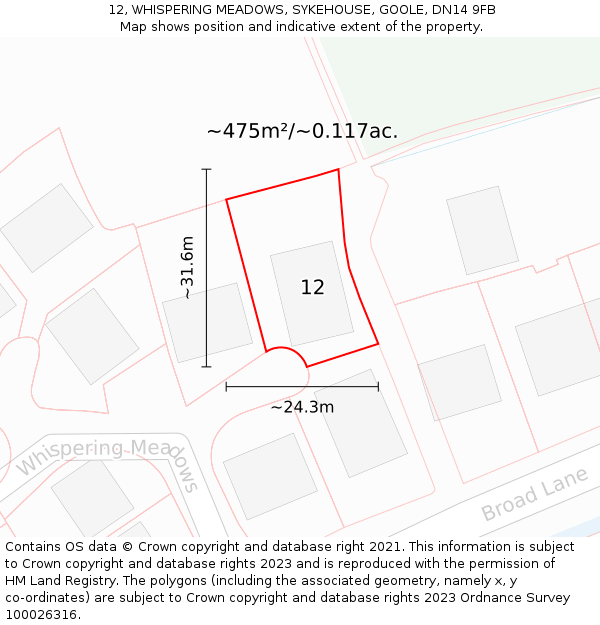 12, WHISPERING MEADOWS, SYKEHOUSE, GOOLE, DN14 9FB: Plot and title map